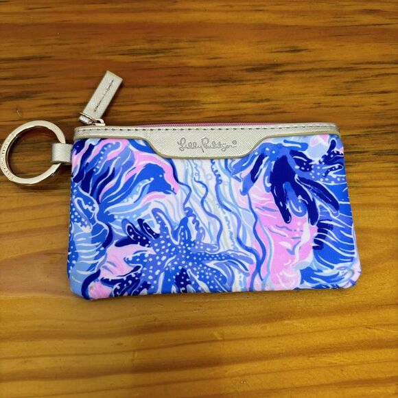 Lilly Pulitzer ID Case Wallet Card Holder Keychain Blue Pink‎ Zip Close NWOT - Picture 1 of 6